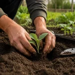 Main qui plante un jeune plant de légumes dans un potager en juin