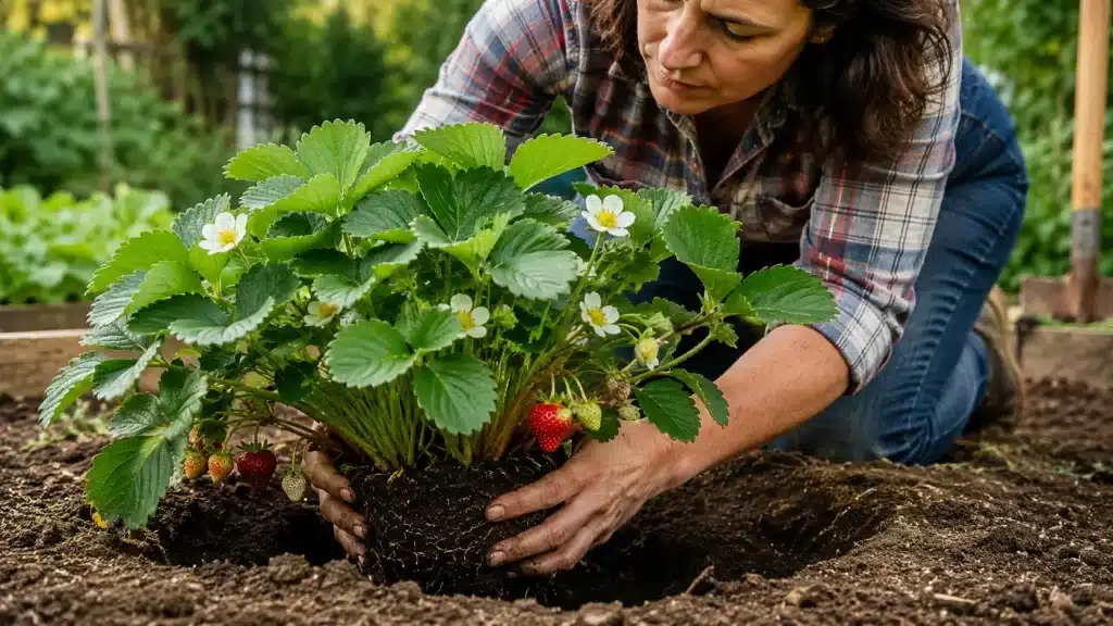 Jardinier installant un grand fraisier en pleine terre
