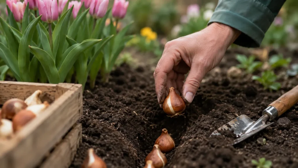 Main plantant des bulbes de tulipes en pleine terre à l’automne