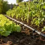 Système d’arrosage goutte-à-goutte installé dans un potager en été