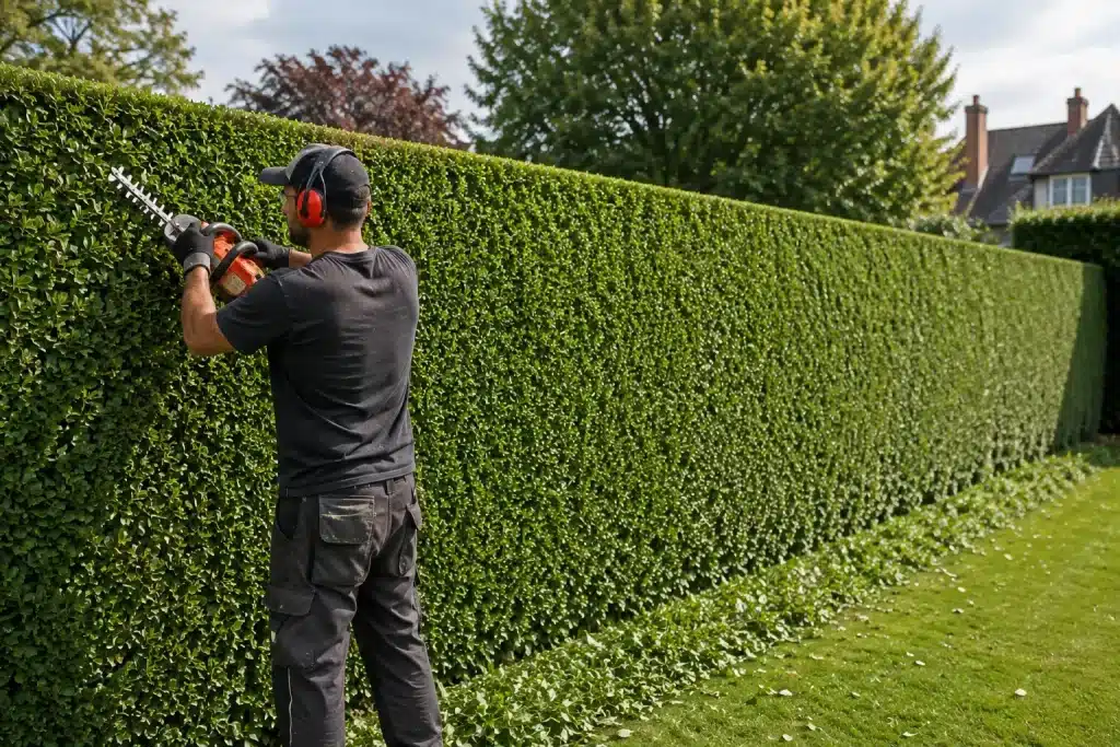Homme taillant une haie parfaitement à la bonne période
