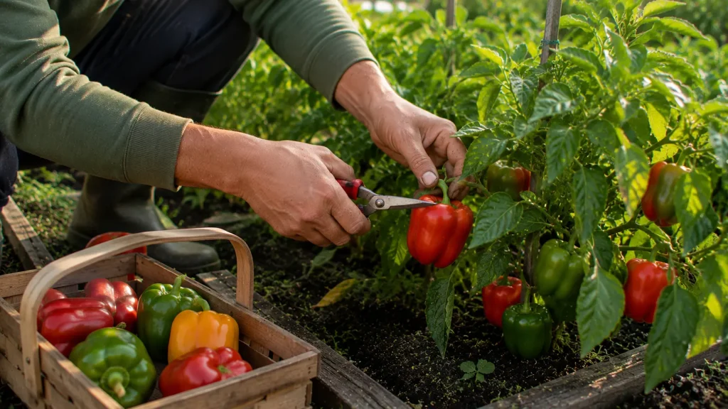 Récolte de poivrons rouges et verts dans un potager au mois d’août