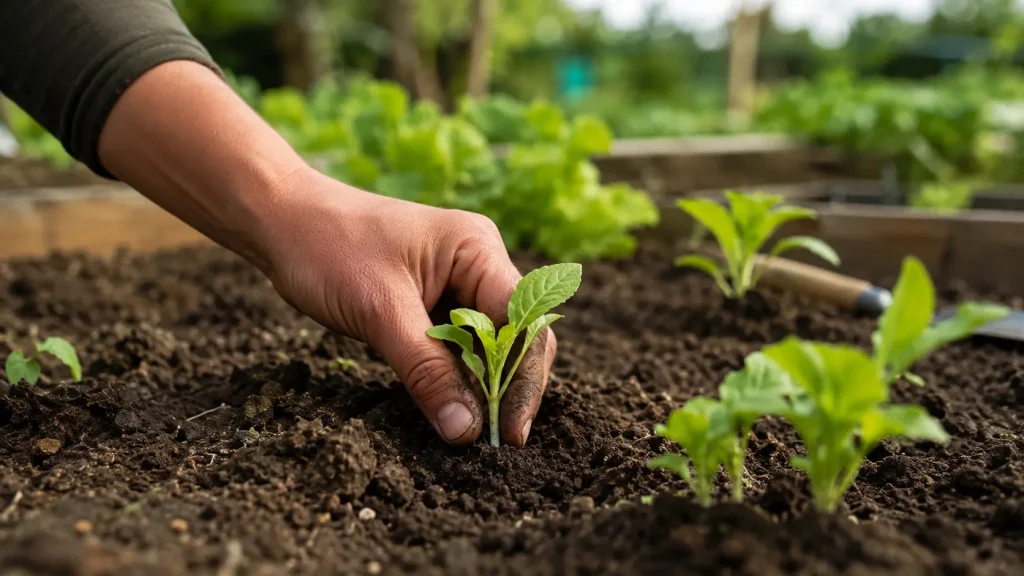 Main qui plante un jeune plant dans un potager au mois d’avril