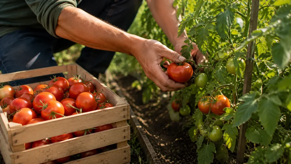Récolte de tomates mûres dans un potager au mois de juillet