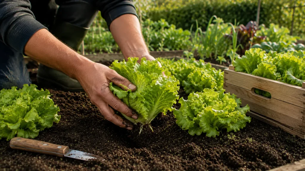 Récolte de laitue fraîche dans un potager au mois de juin