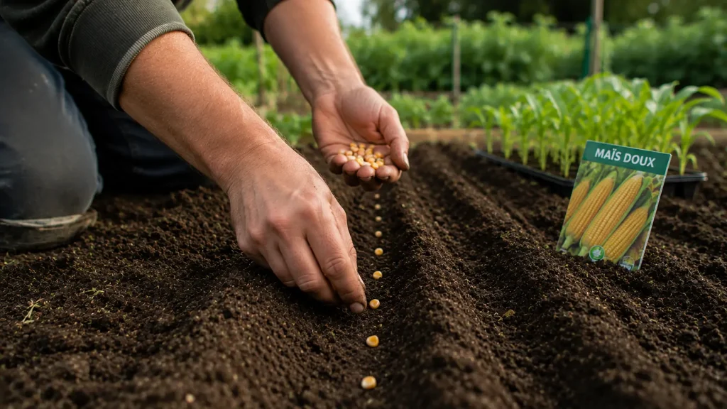 Main qui plante un jeune légume dans un potager au mois de mai