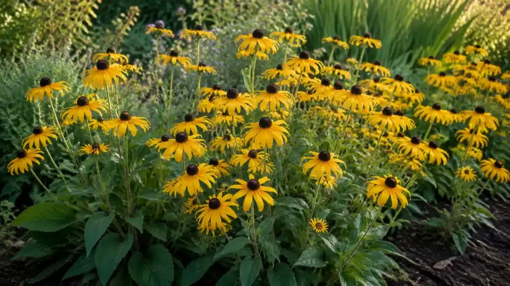 Rudbeckias jaunes à cœur sombre en fleurs dans le jardin
