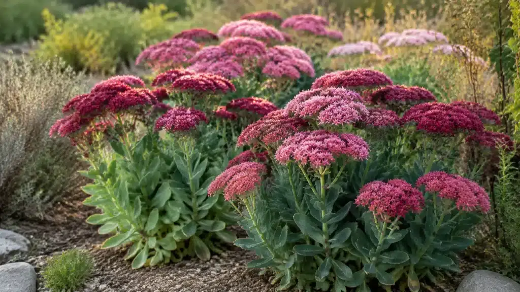 Sedums d’automne aux fleurs roses plantés dans un massif