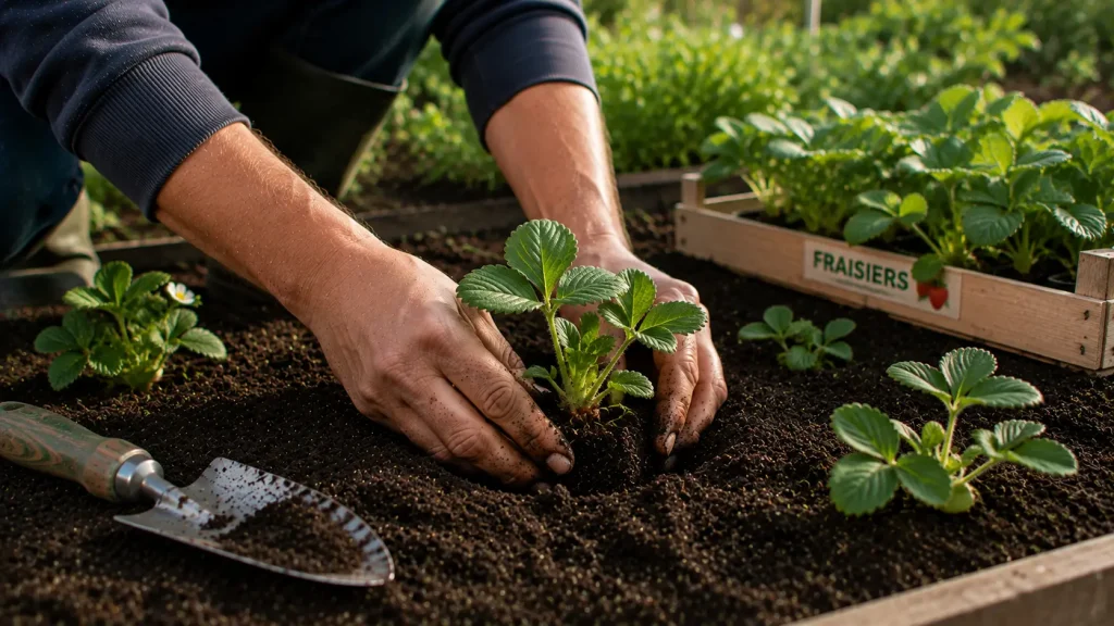 Jardinier qui plante des fraisiers au potager en août
