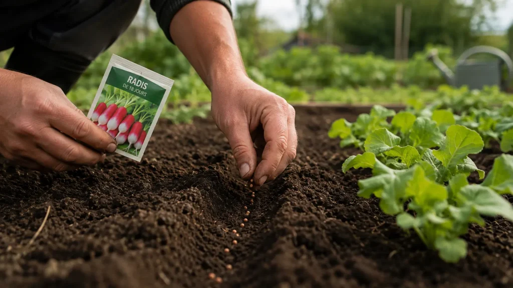 Jardinier qui sème des graines de radis au potager en avril