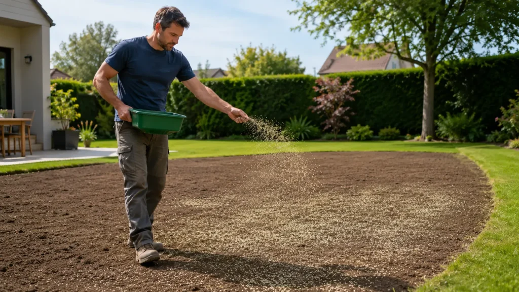 Homme semant du gazon sur un sol préparé dans son jardin