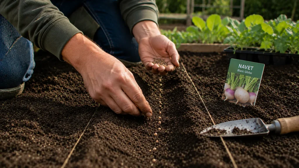 Jardinier qui sème des graines de navet au potager en juillet