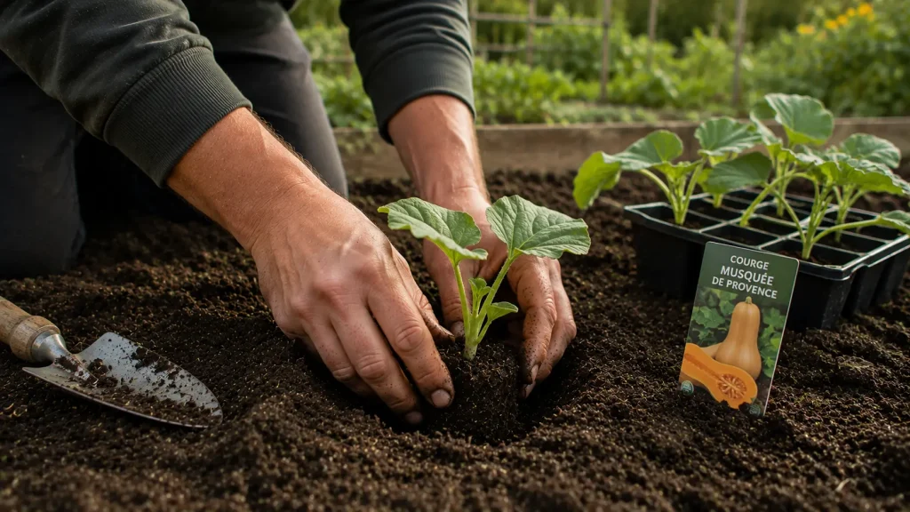 Jardinier qui plante des courges d’hiver au potager en juin