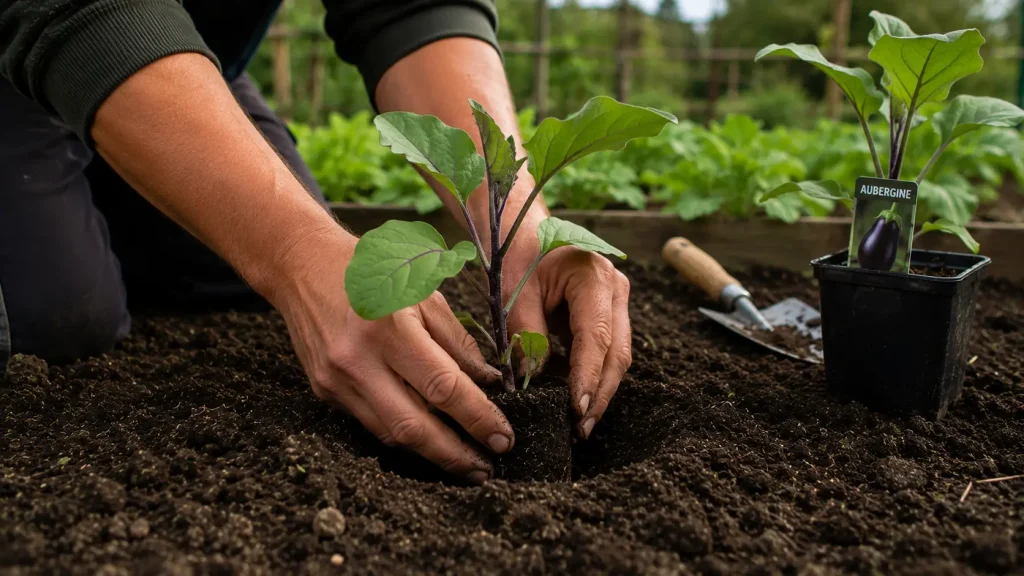 Jardinier qui plante des aubergines dans un potager en mai