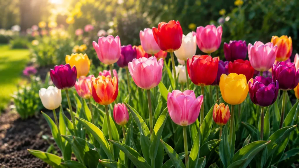 Tulipes en fleurs au printemps après la plantation des bulbes