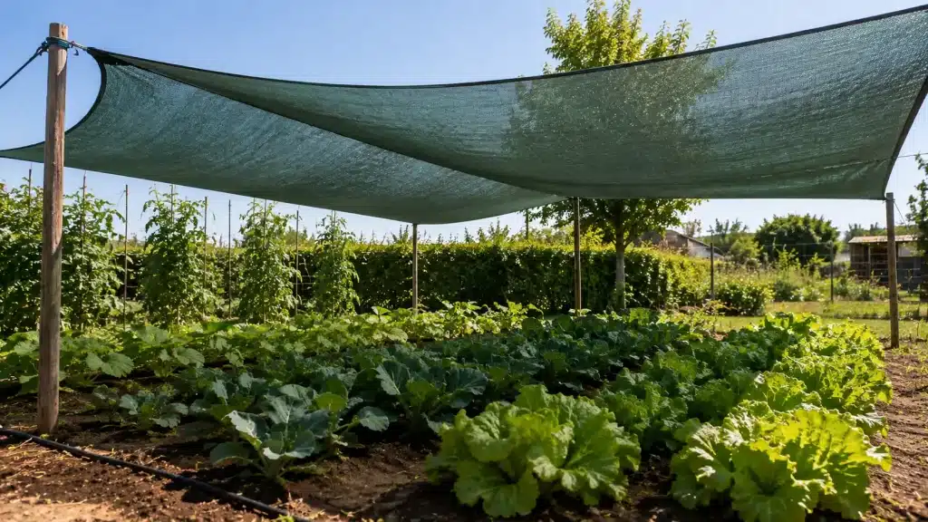 Voile d’ombrage installé au-dessus des légumes pour protéger le potager de la chaleur