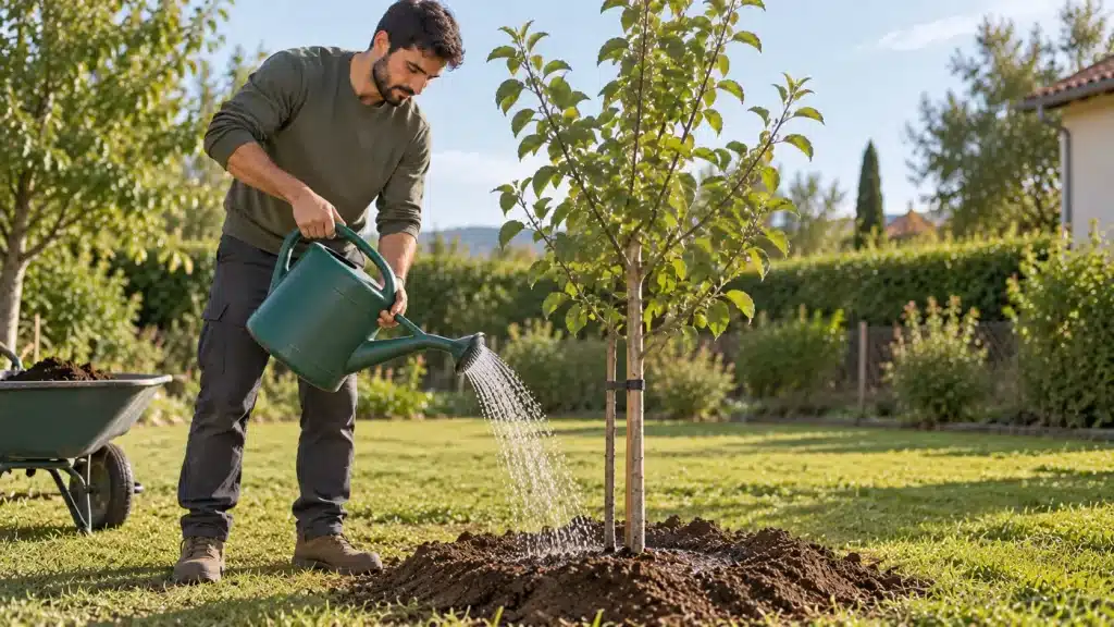 Homme arrosant un arbre fruitier après sa plantation