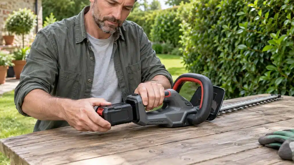 Homme installant la batterie amovible d’un taille-haie sans fil