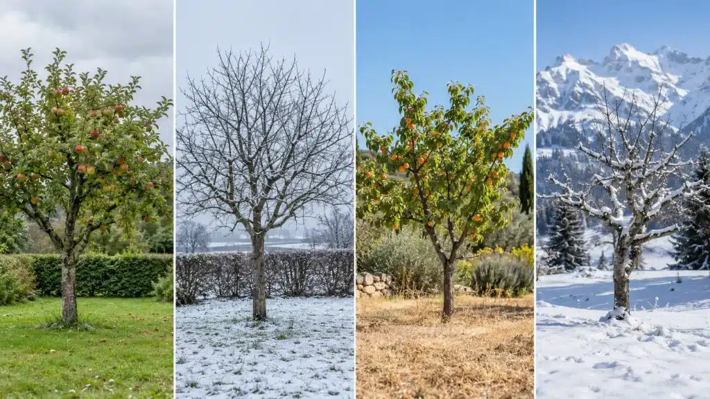 Arbres fruitiers dans quatre jardins illustrant les climats océanique, continental, méditerranéen et montagnard.