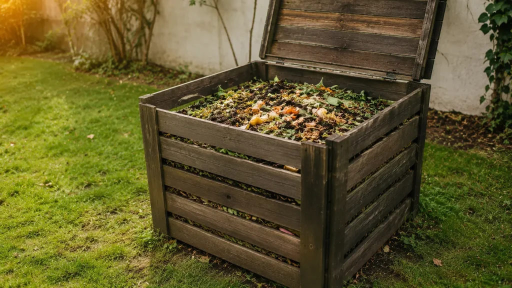 Composteur en bois rempli de déchets organiques dans un jardin