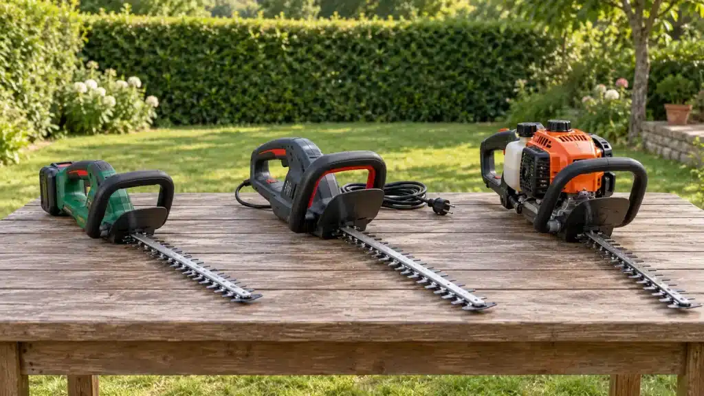 Trois taille-haies sans fil, électrique et thermique posés sur une table