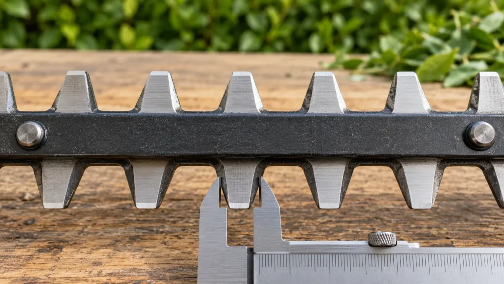 Mesure de l’écartement des dents d’un taille-haie avec un pied à coulisse