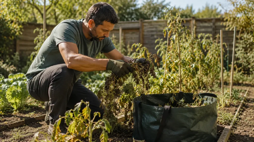 Homme retirant des plantes malades de son potager