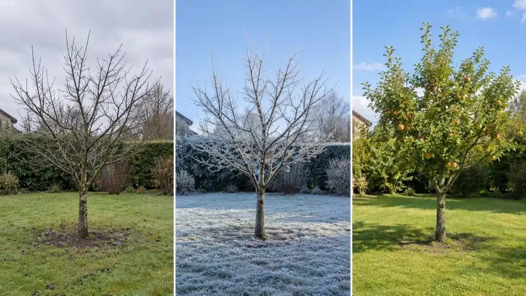 Jardin avec un arbre fruitier en hiver, sous le gel puis couvert de feuilles et de fruits en été.