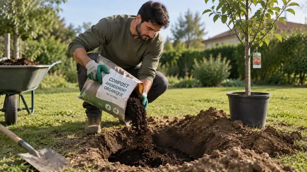 Ajout de compost dans le trou avant de planter un arbre fruitier