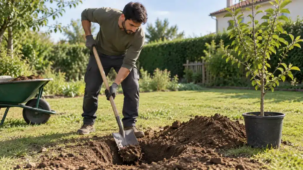 Homme creusant un trou pour planter un arbre fruitier