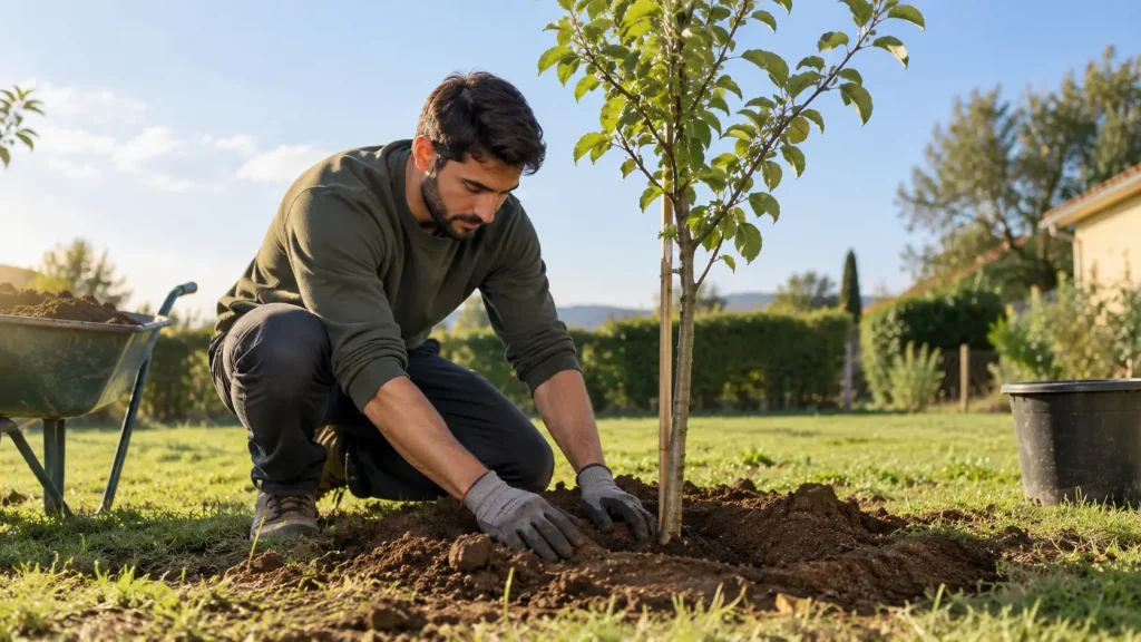 Homme plantant un jeune arbre fruitier dans son jardin