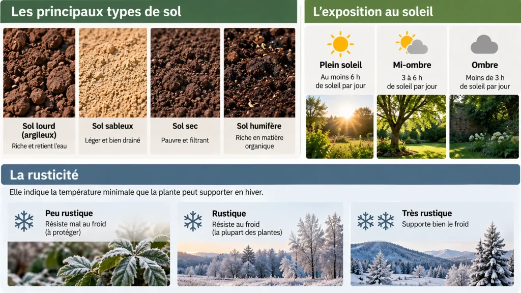 Infographie des types de sol, de la rusticité des plantes et de l’exposition au soleil