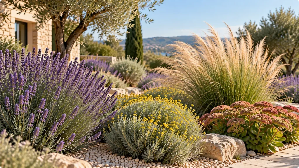 Jardin sec avec lavande, santoline, orpin et graminées