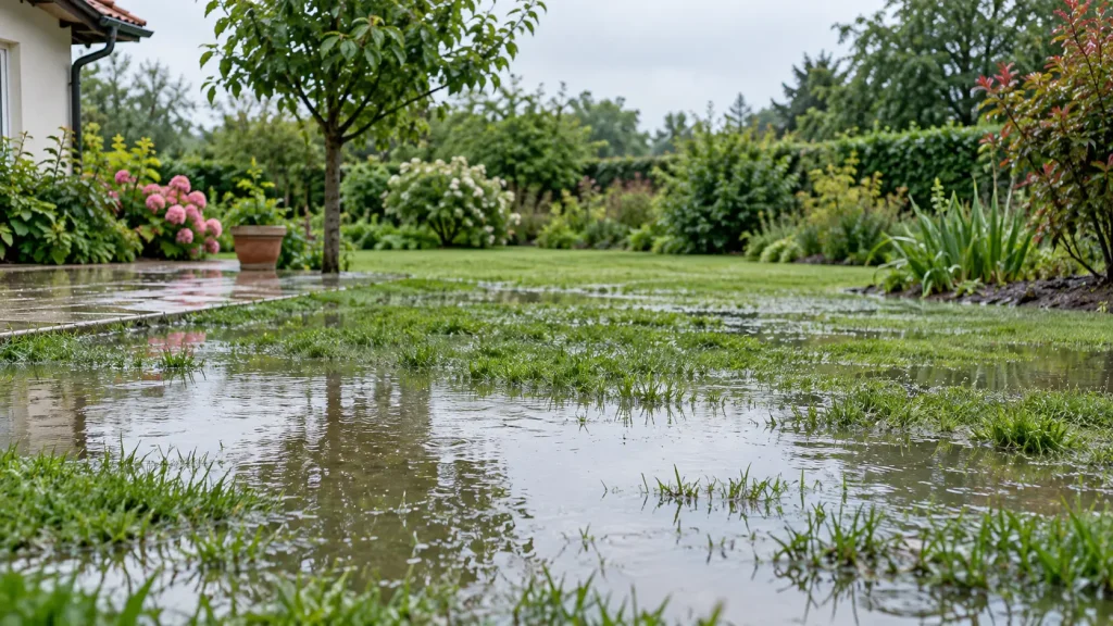 Jardin inondé après de fortes pluies