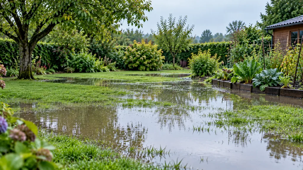 Jardin gorgé d'eau après plusieurs heures de pluie
