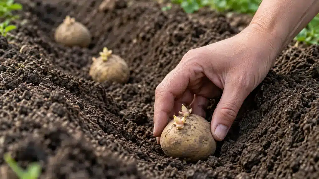 Main déposant une pomme de terre germée dans la terre, germes vers le haut