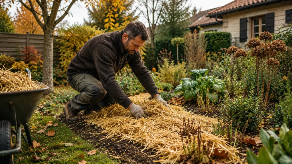 Homme installant un paillage dans son jardin pour l’automne