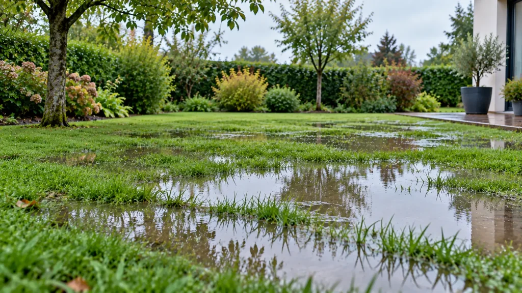 Pelouse inondée avec de l'eau stagnante après la pluie