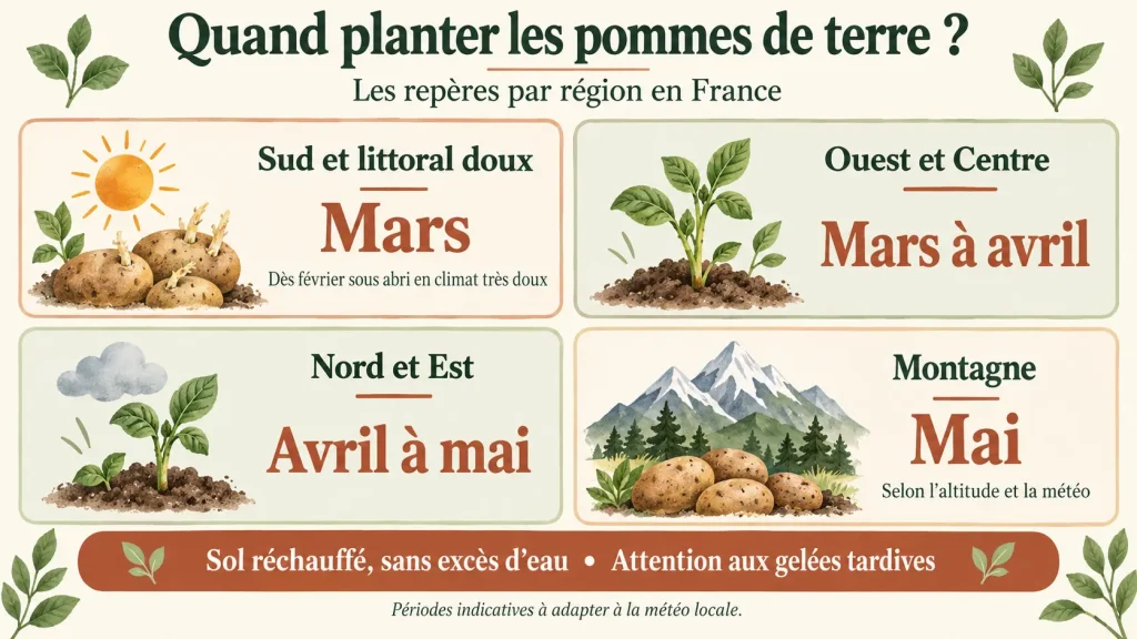 Quand planter les pommes de terre en France : mars dans le Sud, mars à avril dans l’Ouest et le Centre, avril à mai dans le Nord et l’Est, mai en montagne