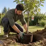 Homme installant un jeune arbre fruitier dans le trou de plantation