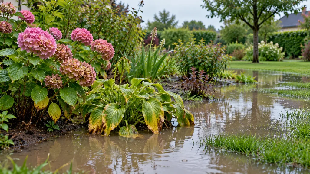 Plantes dans un jardin inondé et sol saturé d'eau