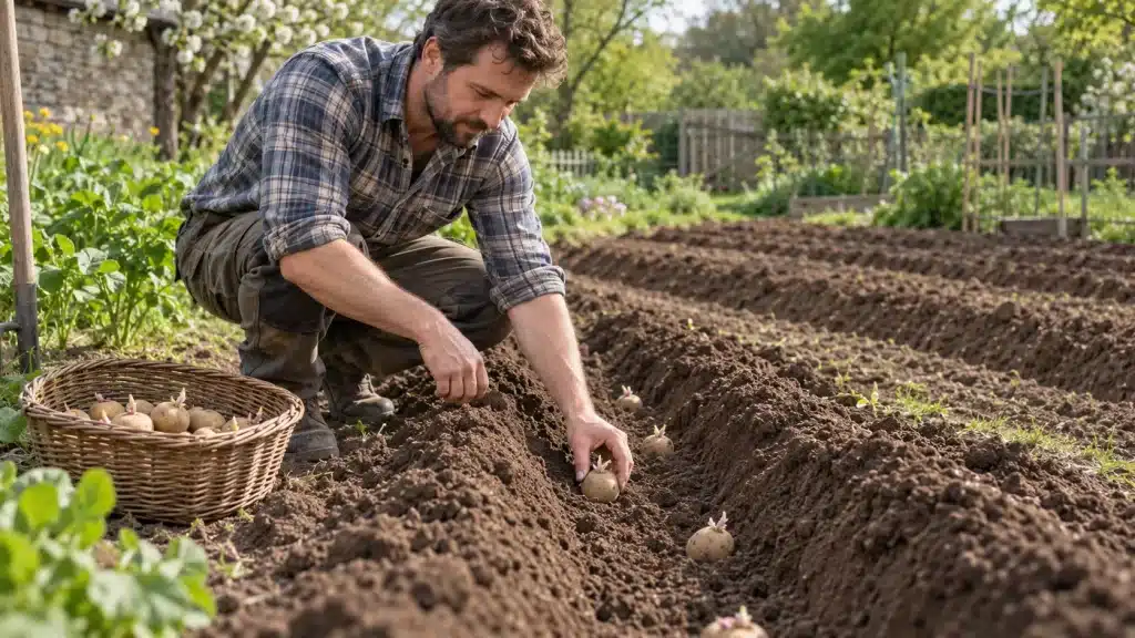Homme plantant des pommes de terre de conservation dans les sillons d’un potager