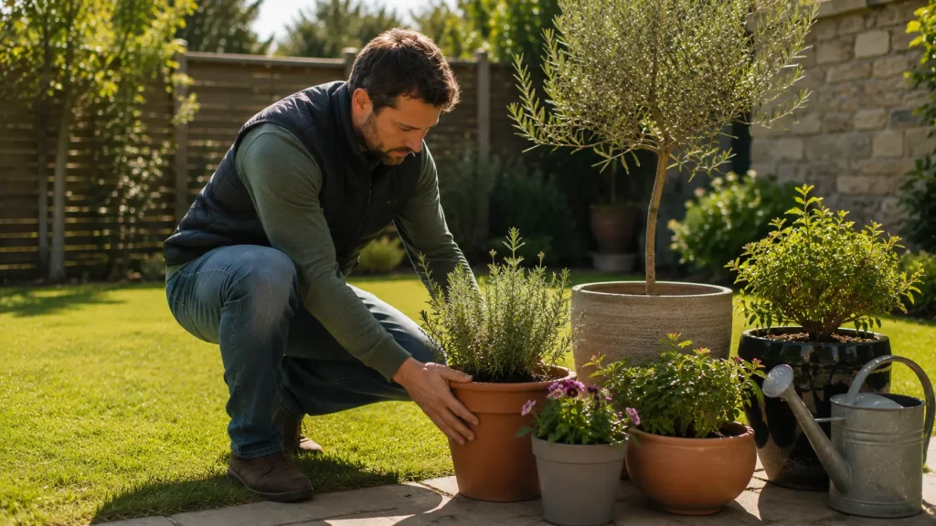 Homme préparant ses plantes en pot dans le jardin pour l’automne