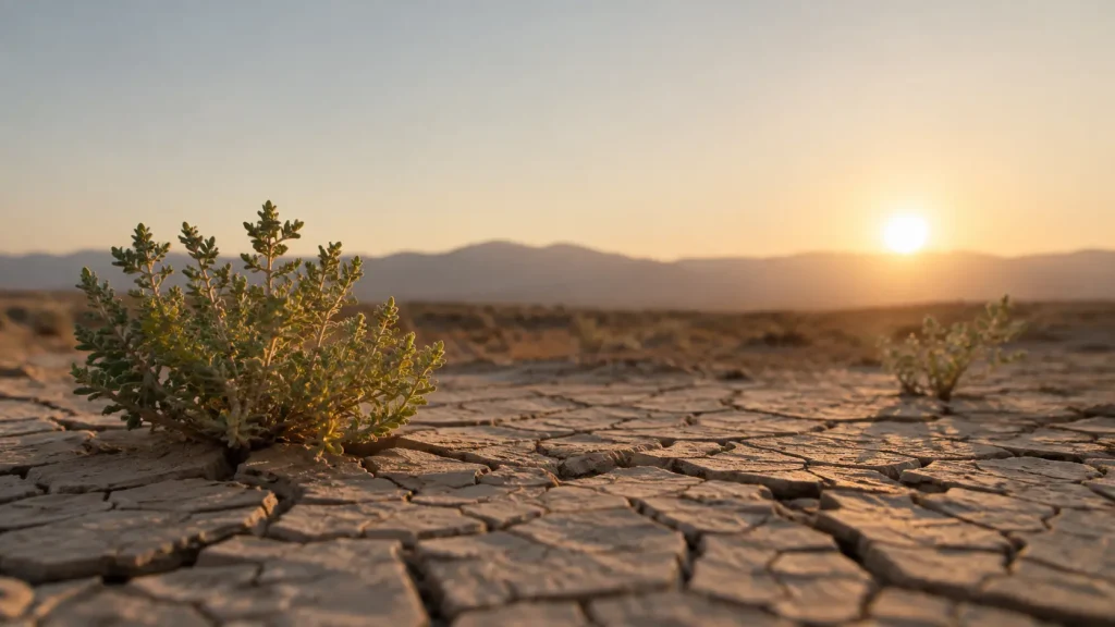 Plantes résistantes à la sécheresse sur un sol sec et craquelé