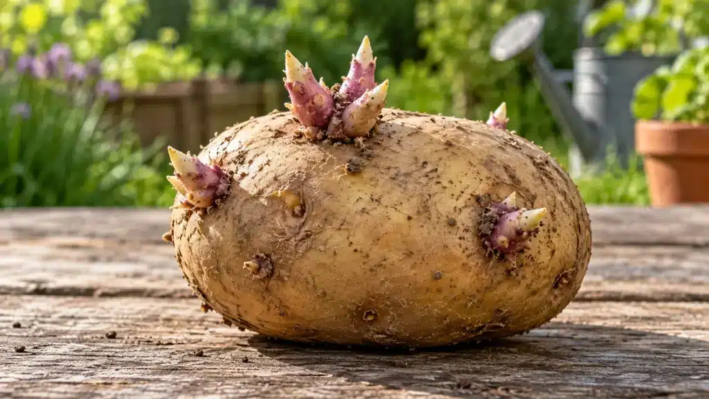 Gros plan d’une pomme de terre aux germes violets posée sur une table en bois
