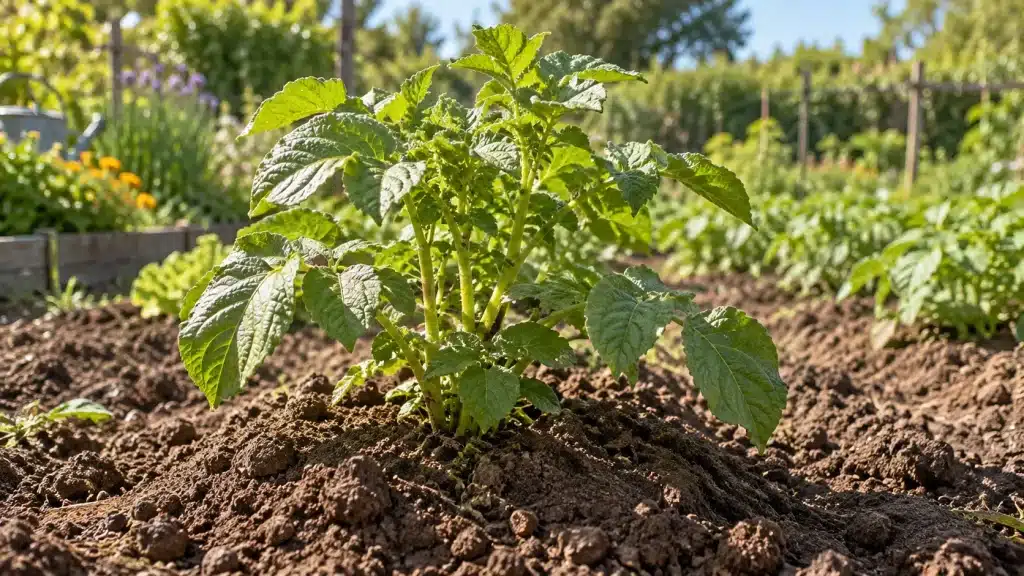 Plant de pomme de terre poussant sur une butte de terre dans un potager ensoleillé
