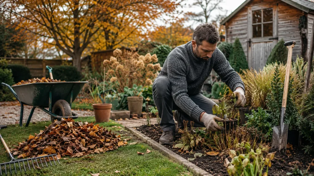Homme préparant son jardin pour l’automne