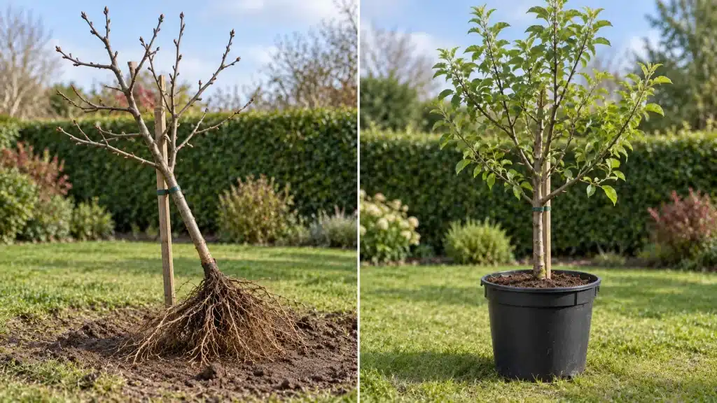 Jeune arbre fruitier à racines nues à gauche et arbre fruitier en conteneur à droite.