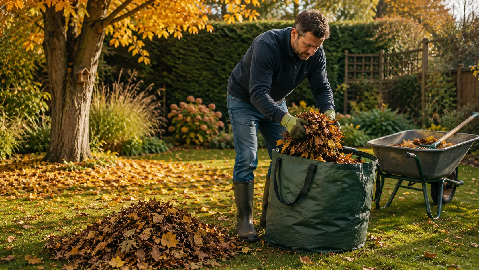 Homme ramassant les feuilles mortes dans son jardin en automne