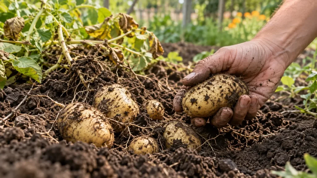 Main récoltant une pomme de terre dans le sol, près de plusieurs tubercules fraîchement déterrés